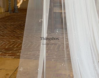 Véu de noiva bordado com pérolas, véu com pérolas espalhadas, véu de noiva estilo catedral, véu feito à mão com pente.