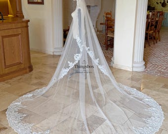Velo de novia estilo bohemio con lentejuelas y encaje, velo catedral, velo mantilla, velo de encaje con peineta.