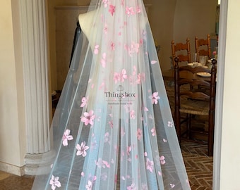 Velo de tul azul degradado con flores de cerezo rosas pintadas a mano, velo de novia botánico personalizado, accesorios de boda únicos