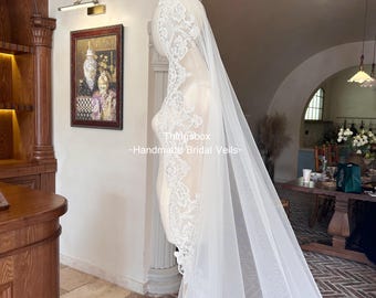 Cathedral Length Sequined Floral Lace Mantilla Veil - Beaded Trim Outdoor Bridal Comb Veil