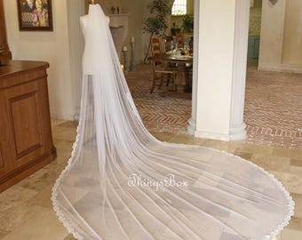 Beaded Lace Trimming Wedding Veil Embroidery Flowery Tulle Lace Bridal Veil Full Lace Trim Chapel Cathedral Veil