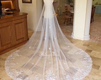 Baby Blue/Light Blue Floral Lace Veil Bridal Veil Pearl Floral, Embroidery Lace Wedding Veil, Cathedral Veil Chapel Comb Veil