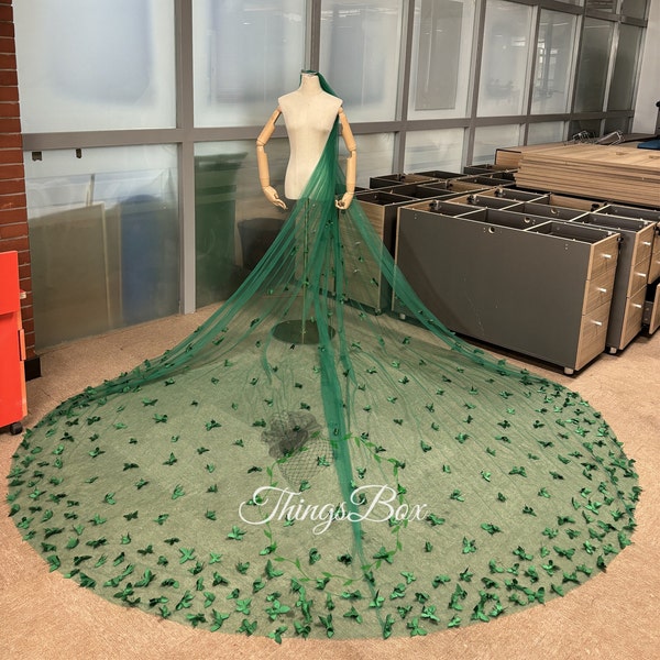 Unique Green 3D Butterflies Bridal Veil, Wedding Veil, Bridal Veils, Church Veil, Length Cathedral 118“, Unique Tulle Veils, Gothic Veils,