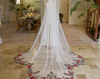 Bright Red Flowers Veil Bridal Veil with Embroidery, Colorful Lace Wedding Veil 1 Tier Cathedral Veil Chapel Veil Custom Circle Veil