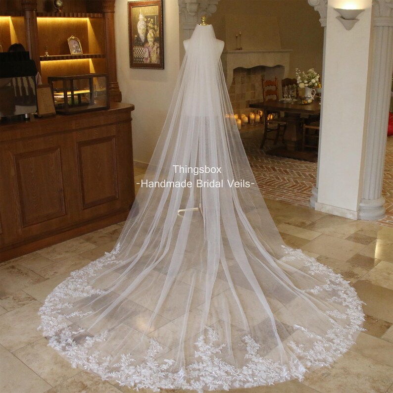 May include: A long, white bridal veil with a delicate lace trim. The veil is made of soft tulle and is perfect for a traditional wedding.