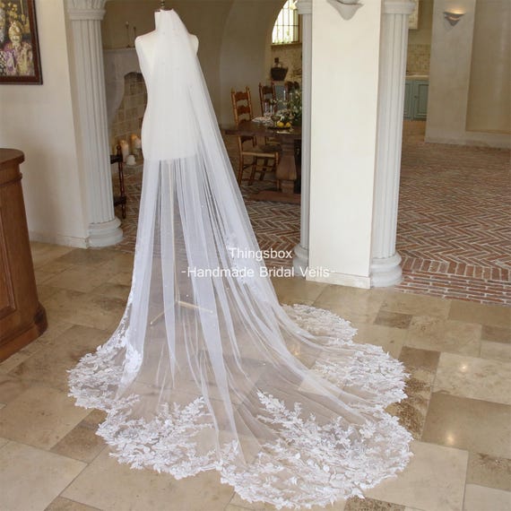 Elegant White Beaded Lace Veil Elegant Beaded Lace Fingertip Wedding Veil main image 2