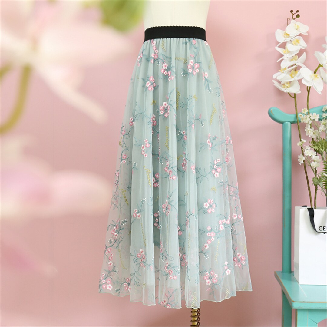 High-Waist Floral Pleated Tulle Skirt main image 1