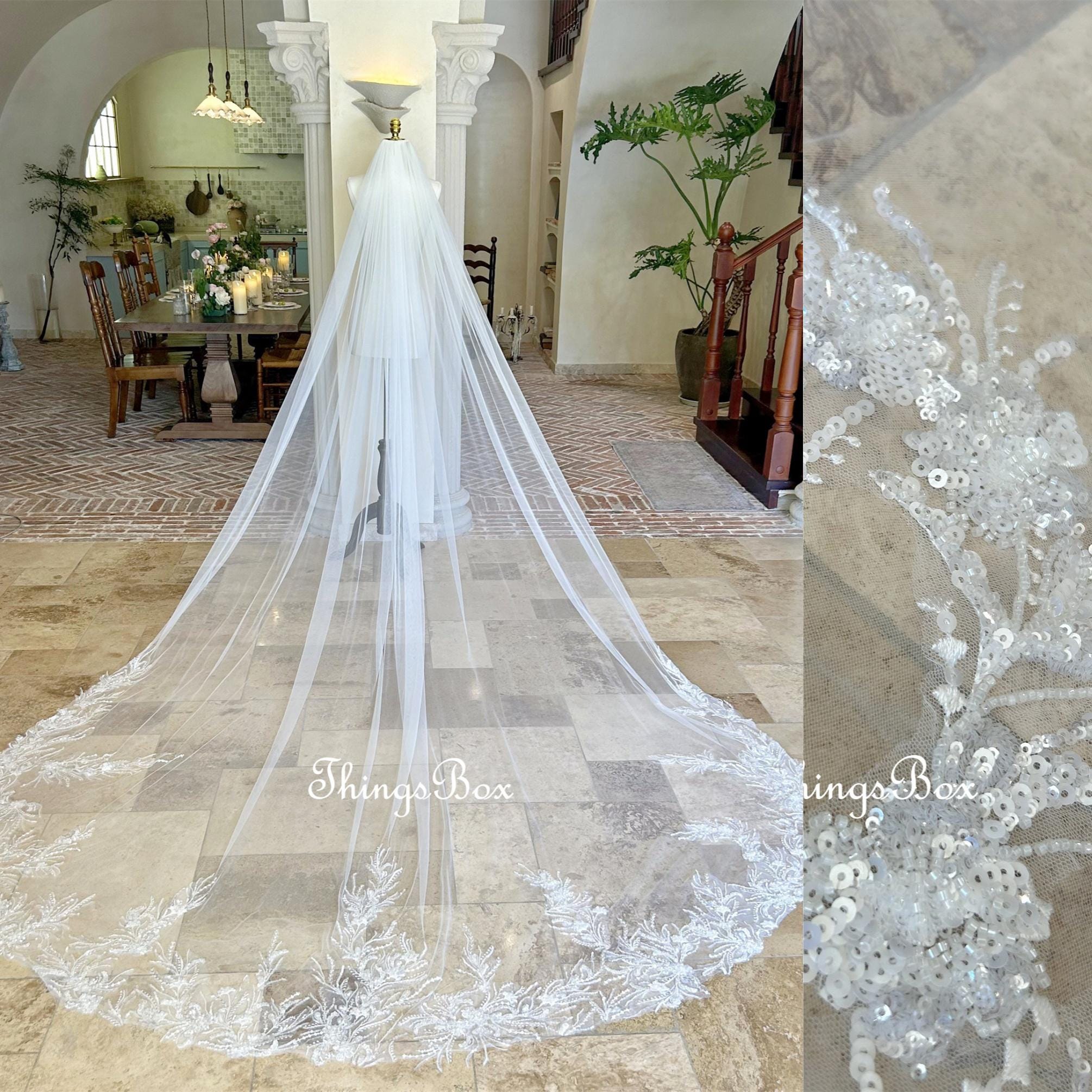 Ivory Silver Beaded Floral Embroidery Fingertip Length Wedding Veil W/Comb Luxury Glitter Beaded Bridal Veil,embroidered Sequin Floral  main image 2