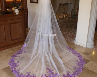 Dark Purple Floral Lace Veil Long Round Bridal Veil Pearl Lace Wedding Veil Purple Flowers, Cathedral Veil Comb Veil,Leaf Applique Lace Veil