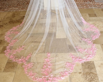 Rhinestone Veil Pink Flower Lace Veil Mermaid Tail Veil Bridal Veil Flower Embroidery Lace Wedding Veil 1 Tier Church Veil, Comb Veil