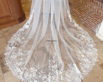 Velo de novia elegante de encaje floral con lentejuelas transparentes, velo de tul suave y transparente con peineta, velo catedral de 118 pulgadas, encaje de tul color marfil (añadir peineta)
