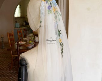 Velo de flores coloridas con peineta, velo de novia de encaje, velo vintage largo hasta el suelo, velo personalizado - ANCHO DEL VELO 59''