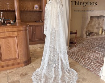 Vintage Full Lace Bridal Veil, Flower Lace Mantilla Veil, French Floral Lace Wedding Veil, Soft Lace Mantilla Veil, Lace Edge Veil with Comb