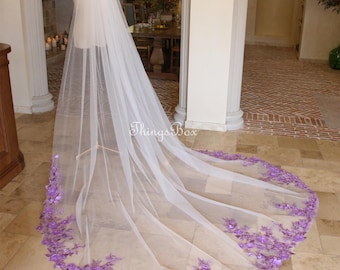 Eyelash Lace Edge Veil, Dark Purple Floral Lace Veil Long Round Bridal Veil Pearl Lace Wedding Veil Purple Flowers, Cathedral Veil Comb Veil