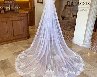 Beaded Lace Wedding Veil, Flower Lace Veil, Soft Sheer Tulle Veil with Comb,108" Chapel Cathedral Veil Ivory White