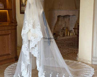 Velo de novia tipo rubor con ribete de encaje de pestañas, velo mantilla con peineta, velo de novia de encaje súper pesado, velo catedral de encaje integral.