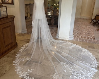 Véu de renda, 2T, véu de noiva com acabamento em renda floral, bordado, véu de noiva com acabamento em renda, véu catedral com pente
