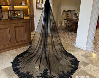 Velo de encaje de tul negro, velo de novia de 1 capa con flores negras y perlas, velo de novia, velo de encaje de flores boho, peine de metal, velo bordado a mano