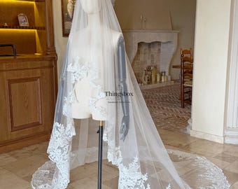 Velo de novia bohemio con lentejuelas y encaje, talla 2T, estilo catedral, con encaje integral y peineta.