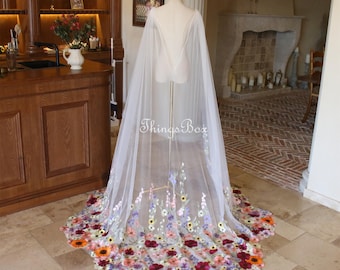 Véu de noiva com capa de tule e renda floral colorida, véu de tule macio com renda floral, véu de capela de chão para noivas, véu personalizado