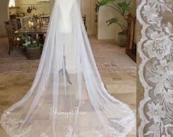 May include: A white tulle wedding veil with a floral lace trim. The veil is long and flowing, and the lace trim is delicate and intricate.
