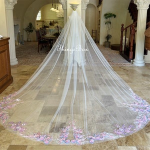 Crystal Veil Bridal Purple Pearl 3D Scattered Florals, Pink Floral Lace Wedding Veil, Veil Cathedral,Custom Veil with Comb,Enchanting Veils