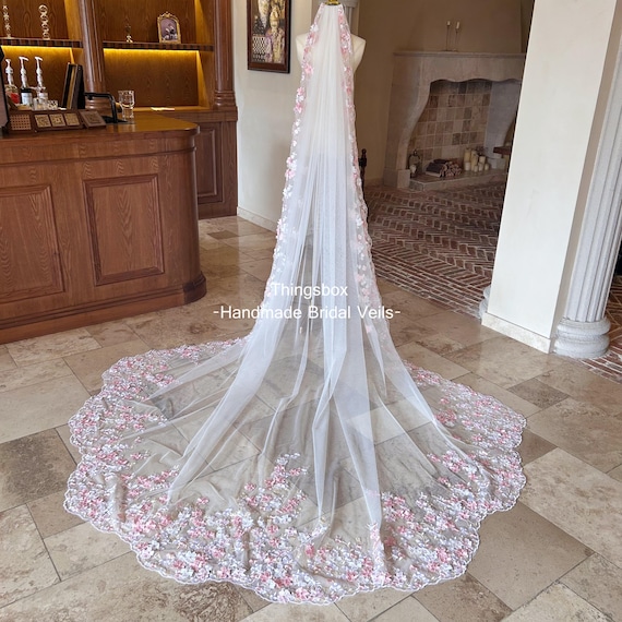 White and subtle pink lace veil trailing 3 meters Pink White Flower Wedding Veil, Floral Lace Bridal Veil, 3D  main image 2