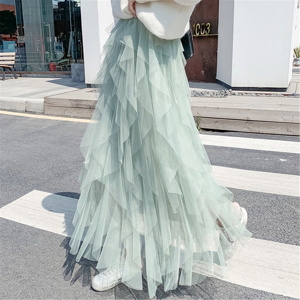 Handmade Multilayer Irregular Hem Skirt,Tulle Full Skirt,Tulle Layered Skirts,Elastic High Waist Mesh Skirt,Women Mesh Long Tiered Skirt