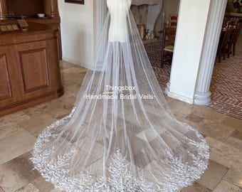 Beaded Floral Lace Wedding Veil Small Flower Leaf Lace Veil, Soft Sheer Tulle Veil with Comb,108" Chapel Cathedral Veil Ivory