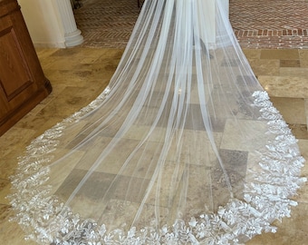 Flower wedding veil cathedral veil Boho wedding veil Chapel length floral veil lace edge bridal veil Celestial Flower Lace Embroidery Veil