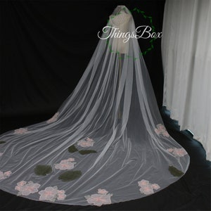 Pink Flower Lace Embroidery Wedding Veil with Comb Dark Green Leave Long Cathedral Veil Round Chapel Bridal Veil,Custom Veil