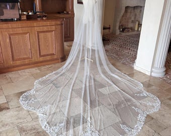 Velo de novia clásico de tul floreado, velo de novia de una sola capa, velo de capilla, velo de catedral, velo de hojas con peine, velo blanco marfil
