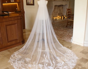 Flower wedding veil cathedral veil Boho wedding veil Chapel length floral veil lace edge bridal veil Celestial Flower Lace Embroidery Veil