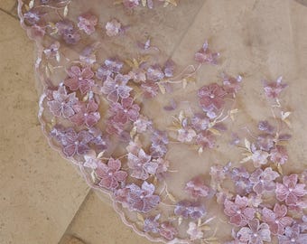 Metal Comb Veil Lavender Violet Flower Lace Wedding Veil Pearl Flowery Lace Bridal Veil, Cathedral Veil Floral Outdoor Veil Blush Purple
