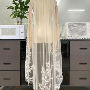 Floral Beaded Wedding Veil, Elegant Beads Bridal Veils, Champagne Veil Floral Veil Chapel Veil, Romantic Wedding Veil, Custom Length