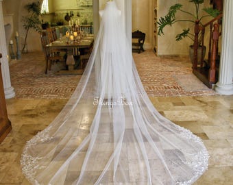 Delicate Floral Lace Bridal Veil Leaves Pattern Veil, Ivory Sheer Tulle Veil with Comb, 98" 118" Chapel/Cathedral Veil Custom Blusher Veil