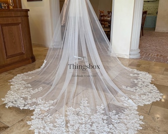 Véu de noiva sereia longo catedral com renda floral e miçangas, véu catedral com pente, véu para vestido de sereia, véu com pente