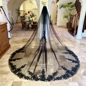 Black Rose Flower Lace Wedding Veil Cathedral veil Bridal veil Chapel Veil Black Veil Celestial Black Lace Embroidery Veil Comb Long