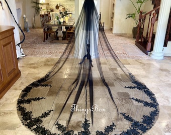 Véu de Noiva de Renda com Flor de Rosa Negra Véu Catedral Véu de Noiva Véu de Capela Véu Preto Véu Celestial de Renda Preta Bordado Pente Longo