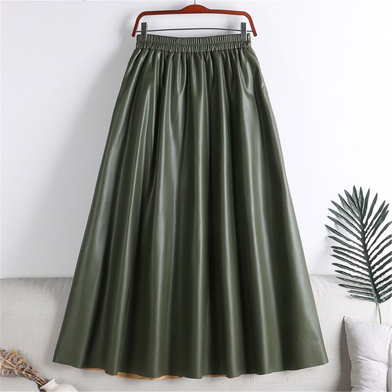 Minimalist Solid Leather Swing Pleated Skirt walking Skirt women