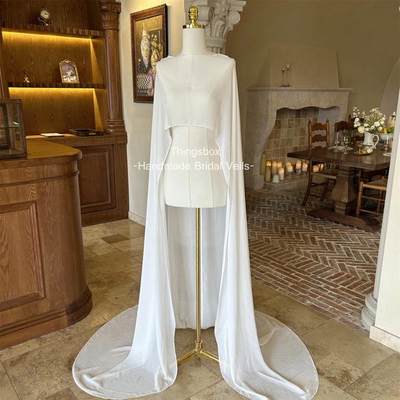 Silk Chiffon Bridal Cape,Off-white Bridal Cape,Long Cape Train,Beach Wedding Shoulder Cape Veil,Outdoor Event,Lightweight Cover-Up for Dress