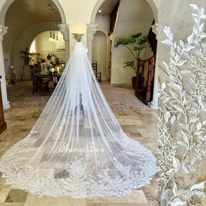 Leaf Veil Beaded Veil Bridal Veil with Flowers,Floral Lace Wedding Veil 1 Tier 118&quot; Cathedral, Lace Wedding Veil Custom Length with Comb