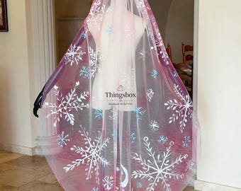 Velo de tul degradado de invierno con copos de nieve pintados a mano, velo de novia de cuento de hadas, accesorios de boda únicos