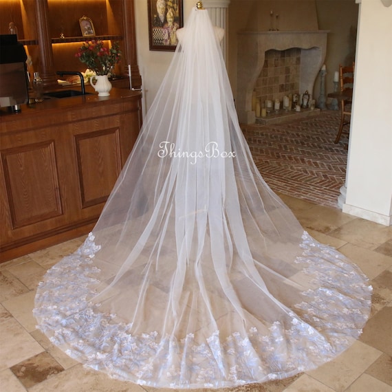 Blue Leaves Lace Veil White Flower Lace Bridal Veil Wedding  display picture 3