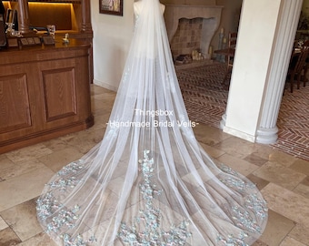 Light Cyan Floral Lace Veil Long Round Bridal Veil Cream Color Leaf lace Wedding Veil Colorful Flowers,Vintage Church Veil Comb,Custom Veil