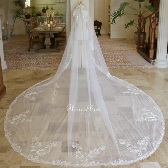 Full Lace Trimming Wedding Veil With Embroidery Sheer Tulle 