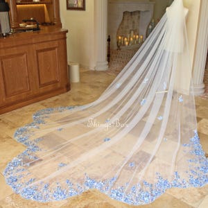 Blue Floral Lace Veil Bridal Veil Pearl Floral, Gold Embroidery Lace Wedding Veil, Cathedral Veil,Custom Veil with Comb,Enchanting Veils