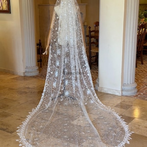 May include: A long, floor-length white bridal veil made of sheer tulle, featuring intricate silver embroidery of stars, moons, and sunburst patterns. The edges are finished with a delicate lace trim of small star shapes. The text Thingsbox is visible.