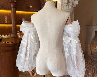 Tulle Lace Sleeves, Off Shoulder Lace Sleeve, Bridal Sleeves, Ivory Sleeves, Detachable Wedding Dress Sleeve
