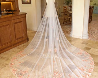 Véu de renda floral laranja champanhe longo redondo véu de noiva colorido flor folha renda véu de casamento, pente de véu de igreja vintage, véu personalizado